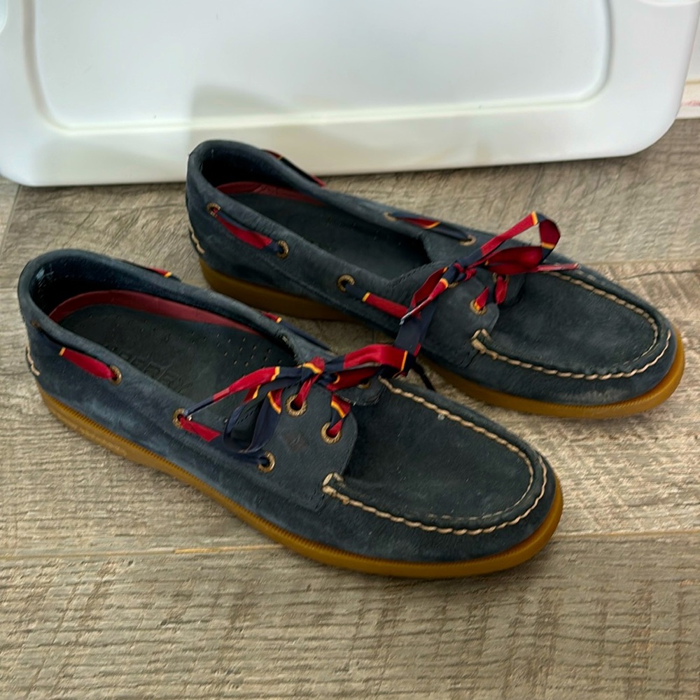 Sperry Navy Blue Flats with Red Accents
